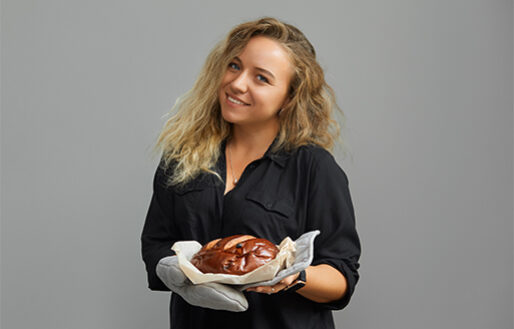 woman with homemade bread